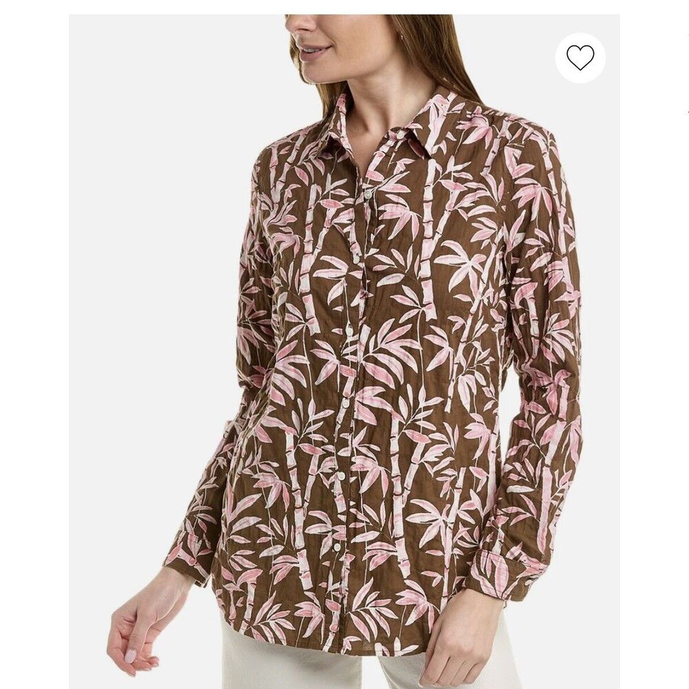 J McLaughlin XS Brown Pink Floral Button Front Shirt Cotton Stretch Long Sleeve